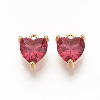 Valentine's Day Brass Charms, with Cubic Zirconia, Nickel Free, Heart, Real Gold Plated, Crimson, 7x5x3mm, Hole: 0.9mm