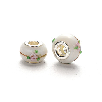 Handmade Lampwork European Beads, Large Hole Rondelle Beads, Bumpy Lampwork, with Glitter Powder and Platinum Tone Brass Double Cores, Floral White, 14~15x9~10mm, Hole: 5mm