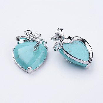 Synthetic Turquoise Pendants, with Brass Findings, Heart, Platinum, 32x47.5x12mm, Hole: 4x5mm