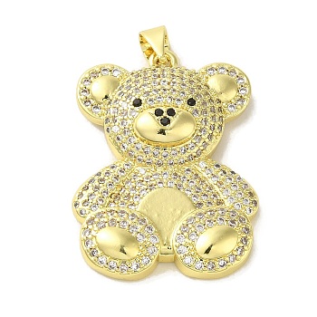 Brass Micro Pave Cubic Zirconia Pendants, Real 18K Gold Plated Bear Charms, Black, 30.5x23x6mm, Hole: 5x3.5mm