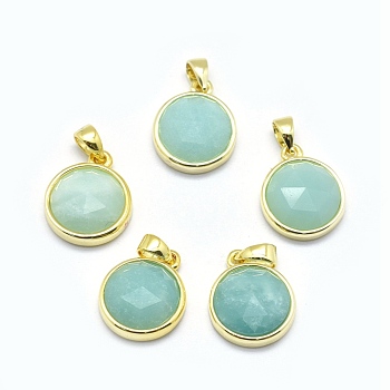 Natural Amazonite Pendants, with Golden Tone Brass Findings, Flat Round, Faceted, 14x11x4.5mm, Hole: 2.5x3.5mm