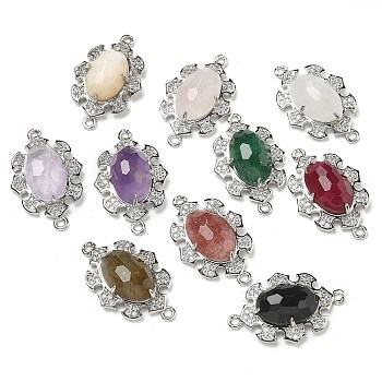 Natural Mixed stone Faceted Oval Connector Charms, Rack Plating Brass Micro Pave Clear Cubic Zirconia Flower Links, Platinum, Mixed Dyed & Undyed, 25.5x16x7mm, Hole: 1.2mm