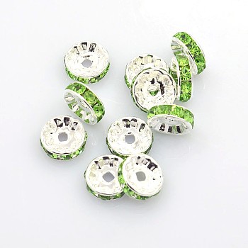 Brass Grade A Rhinestone Spacer Beads, Silver Color Plated, Nickel Free, Peridot, 10x4mm, Hole: 2mm