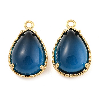 Brass with Steel Blue Glass Pendants, Teardrop Charms, Long-Lasting Plated, Golden, 19x12x6.5mm, Hole: 1.4mm