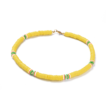Handmade Polymer Clay Heishi Beads Choker Necklaces, with Brass Spacer Beads and 304 Stainless Steel Findings, Yellow, 14.1~14.3 inch(36~36.5cm), 6mm