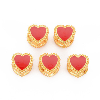 Rack Plating Alloy Enamel European Beads, Large Hole Beads, Cadmium Free & Nickel Free & Lead Free, Matte Gold Color, Heart, Red, 10x10.5x8mm, Hole: 5mm