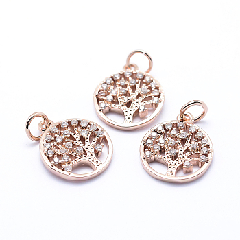 Brass Micro Pave Cubic Zirconia Charms, Flat Round with Tree of Life, Rose Gold, 15x12.5x2mm, Hole: 3mm