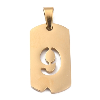 Ion Plating(IP) 304 Stainless Steel Pendants, Manual Polishing, Rectangle with Number, Golden, Num.9, 27.5x14.5x1.5mm, Hole: 3.5mm