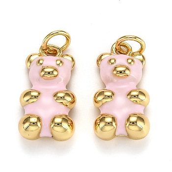 Real 18K Gold Plated Brass Pendants, with Enamel and Jump Rings, Long-Lasting Plated, Bear, Pink, 17.5x9x5mm, Jump Ring: 5x1mm, 3mm Inner Diameter