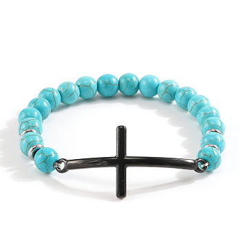 Synthetic Turquoise Beaded Stretch Bracelets for Women Men, Cross, Inner Diameter: 7-1/4 inch(18.5cm)