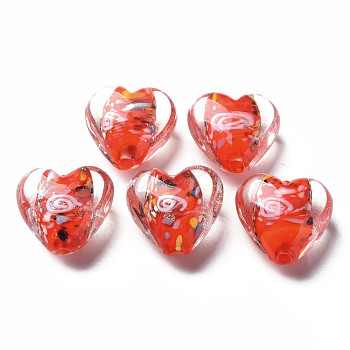 Handmade Lampwork Beads, with Inner Flower, Heart, Orange Red, 15x15~16x9mm, Hole: 1.2mm