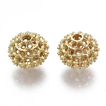 Brass Beads, Nickel Free, Hollow, Round, Real 18K Gold Plated, 11.5x13.5x11.5mm, Hole: 2.5mm