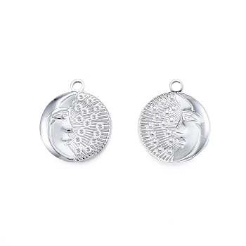 Non-Tarnish 201 Stainless Steel Pendants, Flat Round with Moon & Human Face, Stainless Steel Color, 24x20x2.5mm, Hole: 2mm