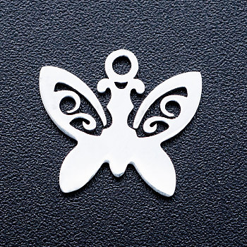 201 Stainless Steel Pendants, Stamping Blank Charms, Butterfly, Stainless Steel Color, 12.5x13.5x1mm, Hole: 1.5mm