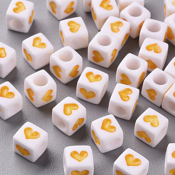 White Opaque Acrylic Beads, Cube with Heart, Yellow, 6.5x6x6mm, Hole: 3mm