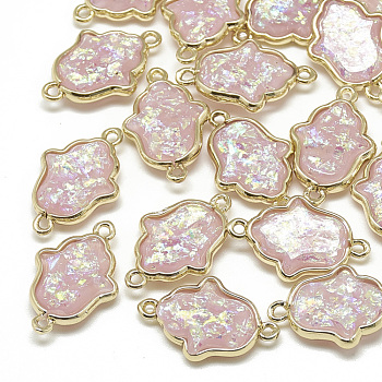 Resin Links, with Golden Tone Brass Findings, Hamsa Hand/Hand , Pink, 20.5x13x4.5mm, Hole: 1mm