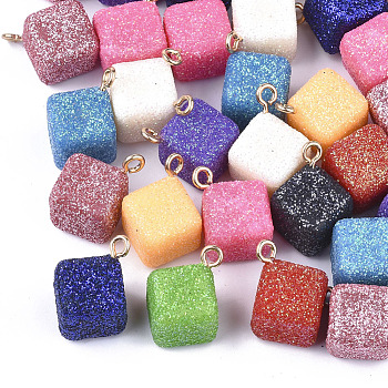 Acrylic Pendants, with Glitter Powder and Brass Findings, Cube, Golden, Mixed Color, 25x18x18mm, Hole: 2mm