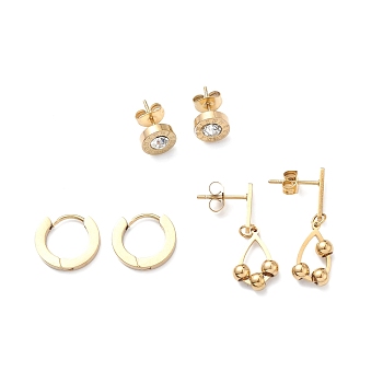 3 Pairs 3 Style Crystal Rhinestone Roman Number & Teardrop Dangle Stud Earrings, Ion Plating(IP) 304 Stainless Steel Hoop Earrings for Women, Golden, 8~28mm, Pin: 1mm, 1 Pair/style