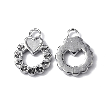 304 Stainless Steel Pendant Cabochon & Rhinestone Settings, Flat Round Charm, Stainless Steel Color, Fit for 1mm Rhinestone, Heart Tray: 3.5x3.5mm, 13.5x10x2mm, Hole: 2mm
