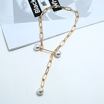 Fashionable Iron Paperclip Chains Necklaces, Plastic Imitation Pearl Lariat Necklaces for Women, Golden