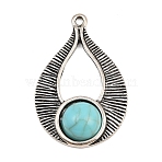 Tibetan Style Alloy Pendants, with Synthetic Turquoise, Teardrop Charms, Cut-Out, Antique Silver, 35x23x6mm, Hole: 1.8mm(AL-CBA1187-12AS)