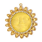 304 Stainless Steel with Crystal Rhinestone Pendants, with Resin, Ion Plating(IP), Sun Charms, Mirror Polished Finish, Yellow, Real 18K Gold Plated, 45x41mm, Hole: 2mm(RB-OY001-25G)