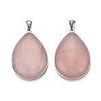 Natural Rose Quartz Pendants, 304 Stainless Steel Teardrop Bezeled Charms, Stainless Steel Color, 36~36.5x25~25.5x7.5~8.5mm, Hole: 5x3mm(GG-N003-01A-P)