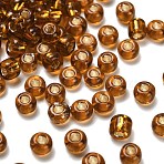Silver Lined 6/0 Glass Seed Beads, Round, Saddle Brown, 4x2.5mm, Hole: 1.4mm, about 7500pcs/pound(SEED-H004-03A-01)