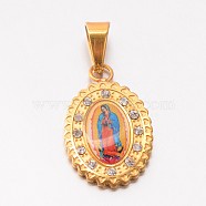 Holy Jewelry 304 Stainless Steel Flat Oval with Virgin Mary Pendants, with Crystal Rhinestones, Paper and Epoxy, Golden, 21x13x2mm, Hole: 4x6mm(STAS-L130-06)