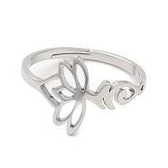 304 Stainless Steel Hollow Lotus Adjustable Ring for Women, Stainless Steel Color, Inner Diameter: 16.6mm(RJEW-M149-32P)