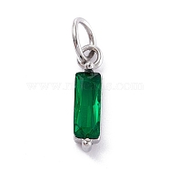 304 Stainless Steel Cubic Zirconia Pendants, Rectangle, Stainless Steel Color, Dark Green, 17x4x4mm, Hole: 5mm(STAS-E487-21P-06)
