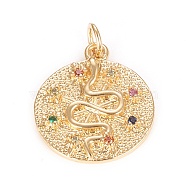 Brass Micro Pave Cubic Zirconia Pendants, Flat Round with Snake, Colorful, Real 18K Gold Plated, 20x17x2mm, Hole: 3mm, Jump Ring: 5x0.8mm(KK-O126-06G)