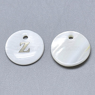 Natural White Shell Mother of Pearl Shell Charms, with Iron Sticker, Flat Round with Letter, Letter.Z, 13x2mm, Hole: 1.5mm(X-SSHEL-N036-053Z)