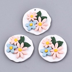 Handmade Polymer Clay Pendants, Flat Round with Flower, Colorful, 29.5~30.5x8~9mm, Hole: 1.8~2mm(CLAY-N010-017)