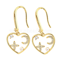 Cubic Zirconia Heart with Star Dangle Earrings with Plastic Pearl Beaded, Real 18K Gold Plated Brass Earrings, Cadmium Free & Lead Free, Clear, 43x21mm(KK-C026-15G)