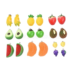 Resin Pendants, with Platinum Tone Iron Eye Pins, Lemon, Grape, Strawberry, Orange, Apple, Durian, Banana, Pineapple, Avocado, Watermelon, Mixed Color, 20~41x12~24x11~20mm, Hole: 2mm, 20pcs/set(RESI-X0001-07)