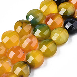 Natural Agate Beads Strands, Dyed, Faceted, Flat Round, Orange, 9.5~10.5x9.5~10.5x6~8mm, Hole: 0.7~1.2mm, about 38pcs/strand, 14.37 inch~15.24 inch(36.5cm~38.7cm)(G-S359-366J)