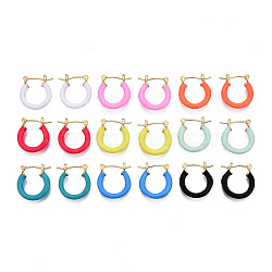 Enamel Hoop Earrings, Real 18K Gold Plated Jewelry for Women, Nickel Free, Mixed Color, 21x18.5x3mm, Pin: 0.8mm(EJEW-N011-120)