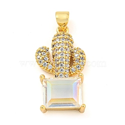 Rack Plating Brass Micro Pave Clear Cubic Zirconia Pendants, with Glass, Long-Lasting Plated, Cadmium Free & Lead Free, Real 18K Gold Plated, Cactus Charms, Clear AB, 26.5x13.5x6.5mm, Hole: 4.5x3.5mm(ZIRC-L100-158G-01)