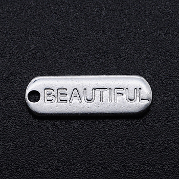 201 Stainless Steel Pendants, Oval with Word BEAUTIFUL, Stainless Steel Color, 17.5x6x1mm, Hole: 1.2mm