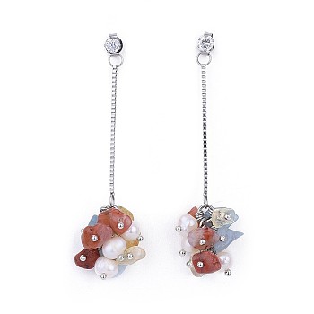 Chip Natural Carnelian, Citrine & Aquamarine Dangle Stud Earrings, with Grade A Pearl Beads and Cubic Zirconia, 316 Surgical Stainless Steel Venice Chains, Brass Ball Head Pins, with Cardboard Jewelry Boxes, 66mm, Pin: 0.7mm
