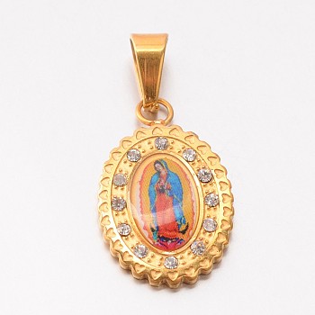 Holy Jewelry 304 Stainless Steel Flat Oval with Virgin Mary Pendants, with Crystal Rhinestones, Paper and Epoxy, Golden, 21x13x2mm, Hole: 4x6mm