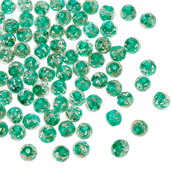 Luminous Handmade Gold Sand Lampwork Beads, Round, Dark Green, 8x7mm, Hole: 1.6mm, 80pcs/box