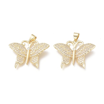 Brass Micro Pave Clear Cubic Zirconia Pendants, Butterfly, Real 18K Gold Plated, 23x28.5x4mm, Hole: 3X4mm