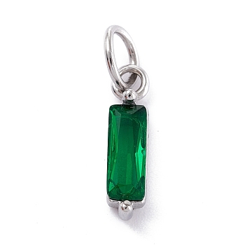 304 Stainless Steel Cubic Zirconia Pendants, Rectangle, Stainless Steel Color, Dark Green, 17x4x4mm, Hole: 5mm
