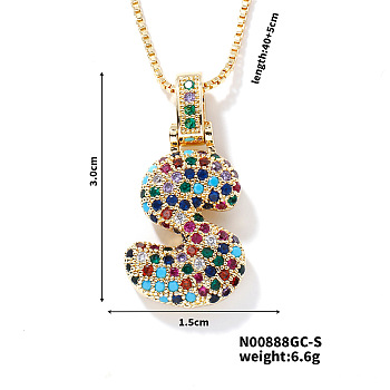 Brass Pave Colorful Cubic Zirconia Letter Pendant Box Chain Necklaces, Golden, Letter S, 15.75 inch(40cm)