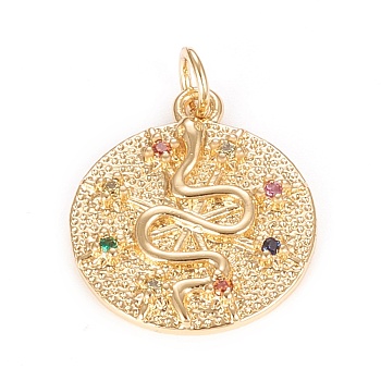 Brass Micro Pave Cubic Zirconia Pendants, Flat Round with Snake, Colorful, Real 18K Gold Plated, 20x17x2mm, Hole: 3mm, Jump Ring: 5x0.8mm