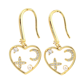 Cubic Zirconia Heart with Star Dangle Earrings with Plastic Pearl Beaded, Real 18K Gold Plated Brass Earrings, Cadmium Free & Lead Free, Clear, 43x21mm