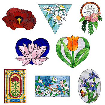 Custom PVC Glass Stickers, Static Cling Window Stickers, Square, Flower Pattern, 200x200mm, 8pcs/set