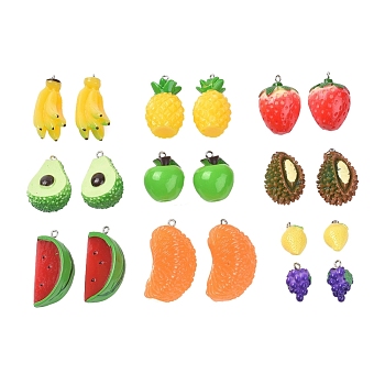 Resin Pendants, with Platinum Tone Iron Eye Pins, Lemon, Grape, Strawberry, Orange, Apple, Durian, Banana, Pineapple, Avocado, Watermelon, Mixed Color, 20~41x12~24x11~20mm, Hole: 2mm, 20pcs/set